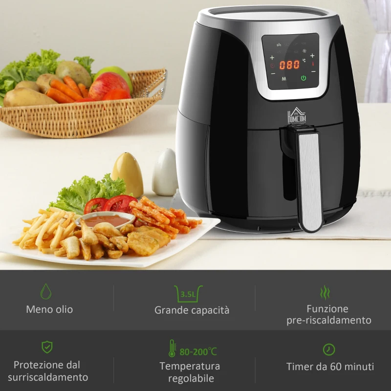 HOMCOM Friggitrice ad Aria Calda 3.5L, 7 Programmi, Temperatura Regolabile 80-200°C, 1500W, Friggitrice Senza Olio con Timer 60 minuti, Touchscreen