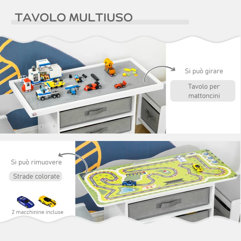 HOMCOM Set Tavolo e 2 Sedie per Bambini con Cassetti, Piano con Pista Macchine e Piano per Costruzioni