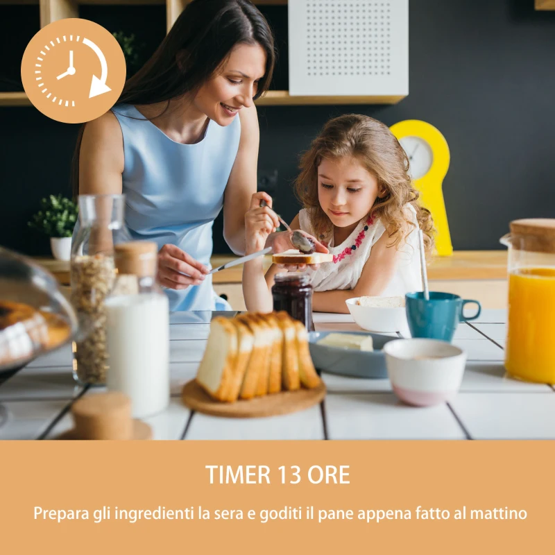 HOMCOM Macchina per il Pane 12 Programmi, Potenza 600W, Timer 13 Ore e 1 Ora Mantenimento del Calore, Antiaderente, Bianco, 40.7x28.2x29.9cm