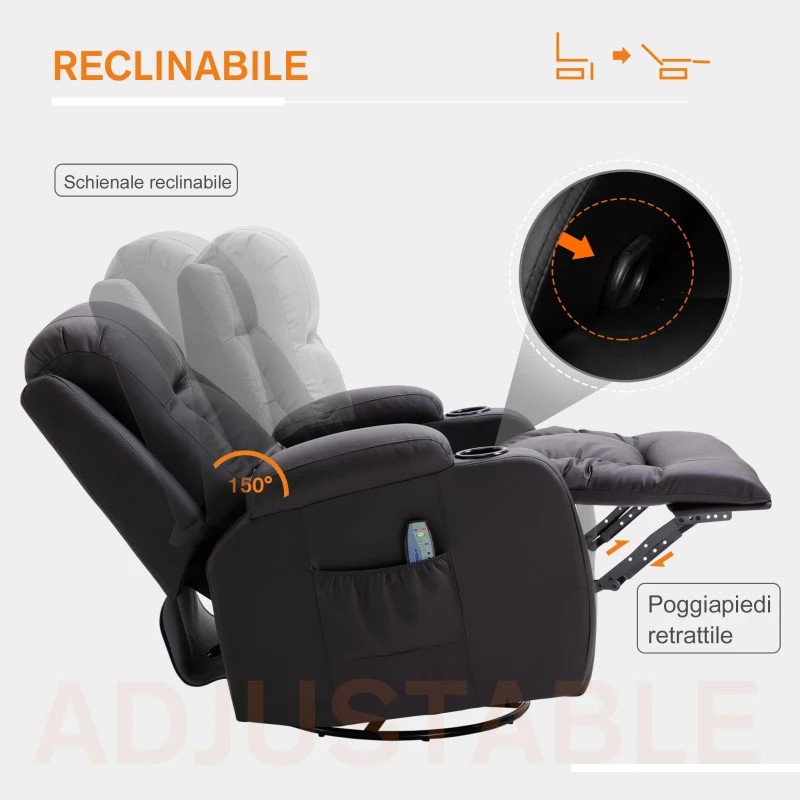 HOMCOM Poltrona Massaggiante Riscaldante Reclinabile in Pelle PU Marrone con 8 Punti di Massaggio e Telecomando, 85x94x104cm
