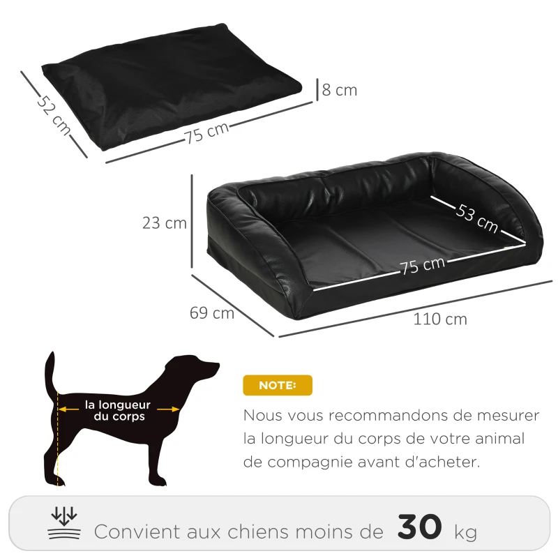 PawHut Panier lit pour chien chat matelas lavable coussin amovible déhoussable revêtement synthétique simili cuir moelleux grand confort pour grand chien chat - noir