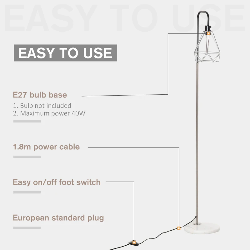 HOMCOM Lampada da Terra Moderna Paralume in Filo Metallico Palo in Metallo e Base in Marmo Ф25x152cm Nero Argento Bianco