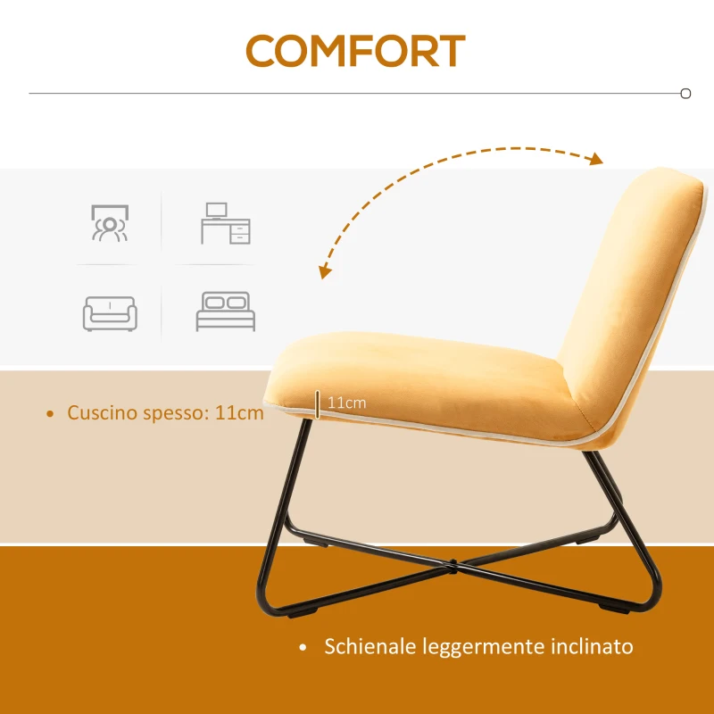 HOMCOM Poltrona in Velluto Stile Nordico Senza Braccioli, Poltroncina da Camera con Base in Metallo Incrociata, 55x69x68cm, Giallo