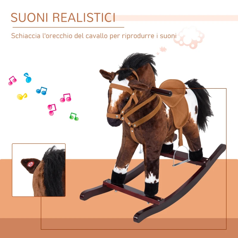HOMCOM Cavallo a Dondolo Giocattolo Per Bambini con Effetti Sonori Legno 71×28×60cm Marrone Scuro