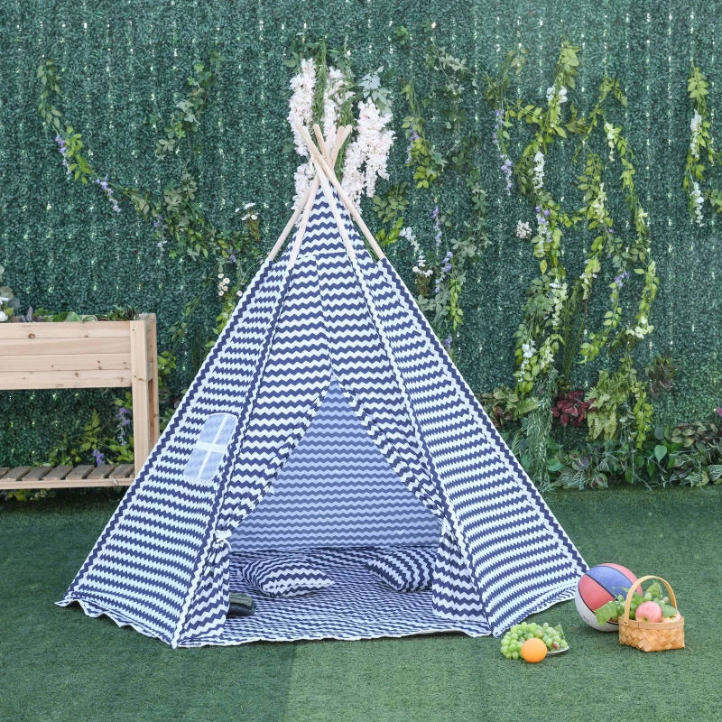 HOMCOM Tenda Indiana per Bambini con Borsa di Trasporto Tappetino e 2 Cuscini, Tenda Teepee Blu e Bianco 200x200x170cm