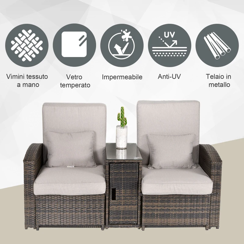 Outsunny Set 2 Sedie Sdraio da Giardino Reclinabili con Tavolino, Lettino Prendisole Imbottito in Rattan Sintetico, Marrone e Khaki, 165x75x96cm