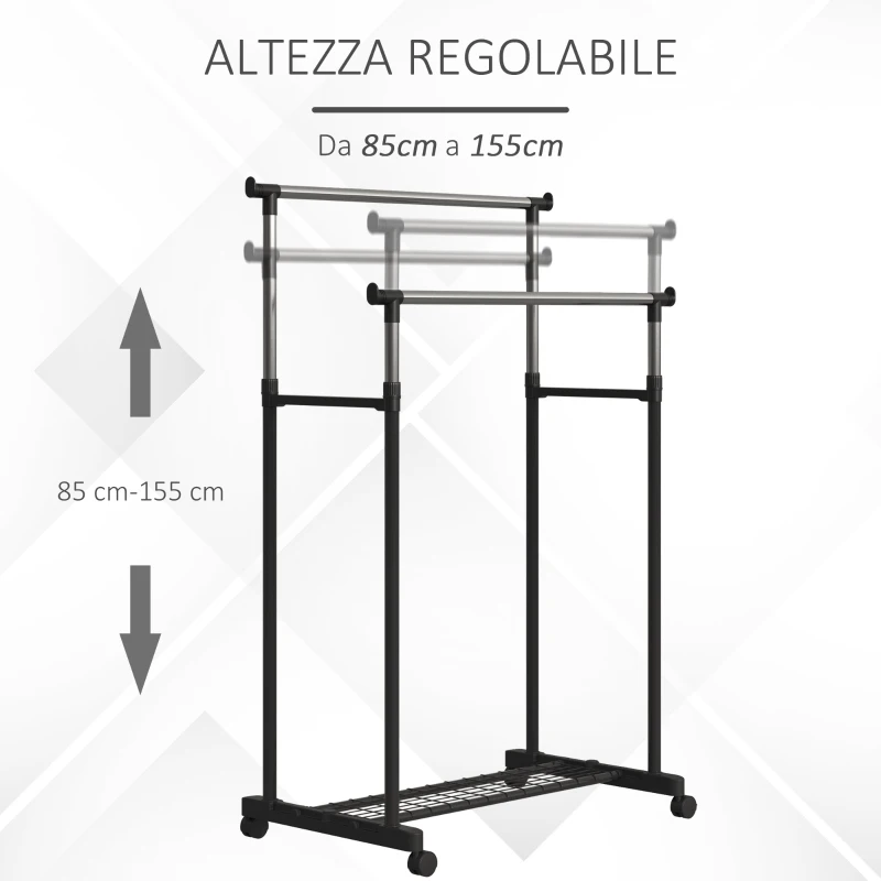 HOMCOM Appendiabiti Attaccapanni in Acciaio con Altezza Regolabile, Stand Porta Abiti, 4 Rotelle, 2 Binari e 1 Ripiano, Nero