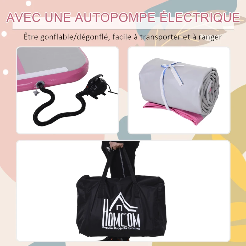 HOMCOM Airtrack tapis de gymnastique gonflable tapis de tumbling entraînement avec pompe à air électrique dim. 300L x 100l x 10H cm tissu stratifié PVC rose