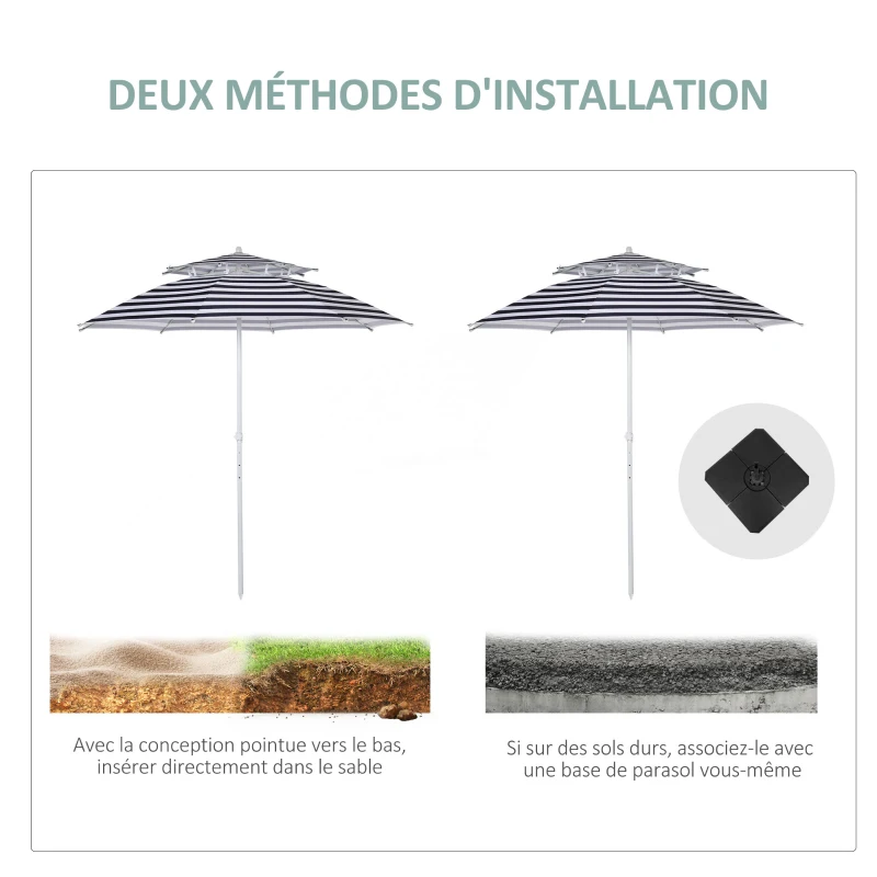 Outsunny Parasol droit octogonal double toit Ø 223 cm tissu polyester haute densité anti-UV hauteur réglable sac de transport inclus bleu blanc