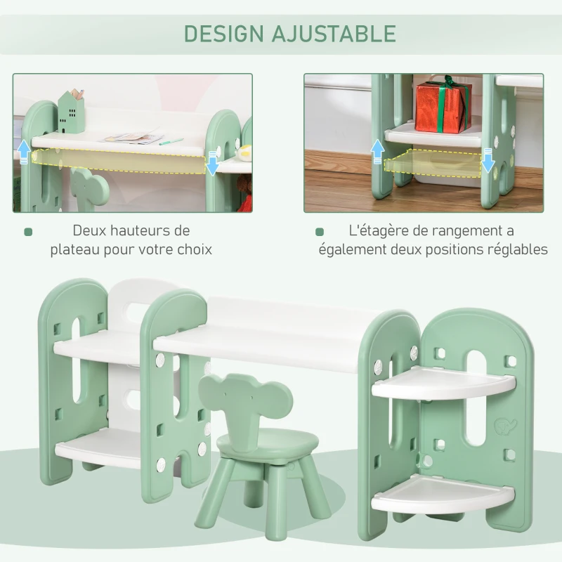 HOMCOM Ensemble bureau, chaise et bibliothèque 4 étagères pour enfant - hauteur étagères réglable - HDPE vert d'eau blanc