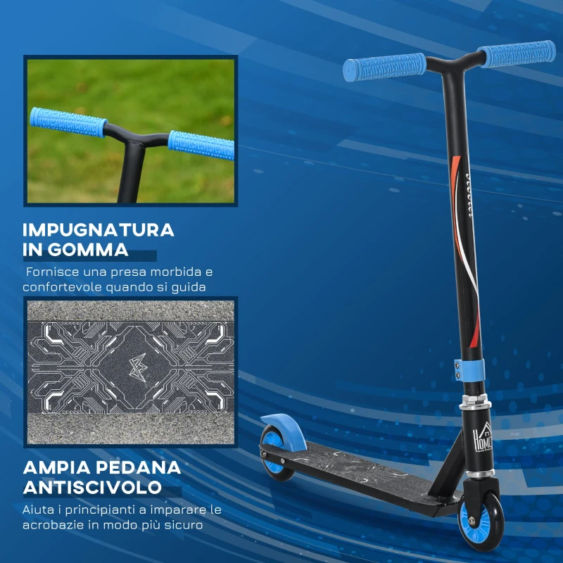 HOMCOM Monopattino Freestyle per Ragazzi e Ragazze da 14 Anni con Freno Posteriore, Stunt Scooter in Alluminio, Trick Scooter Nero e Blu