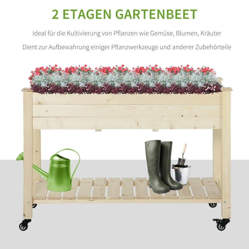 Outsunny Verhoogd bed met wielen plantentafel bloembak met afvoer massief houten vliesstof