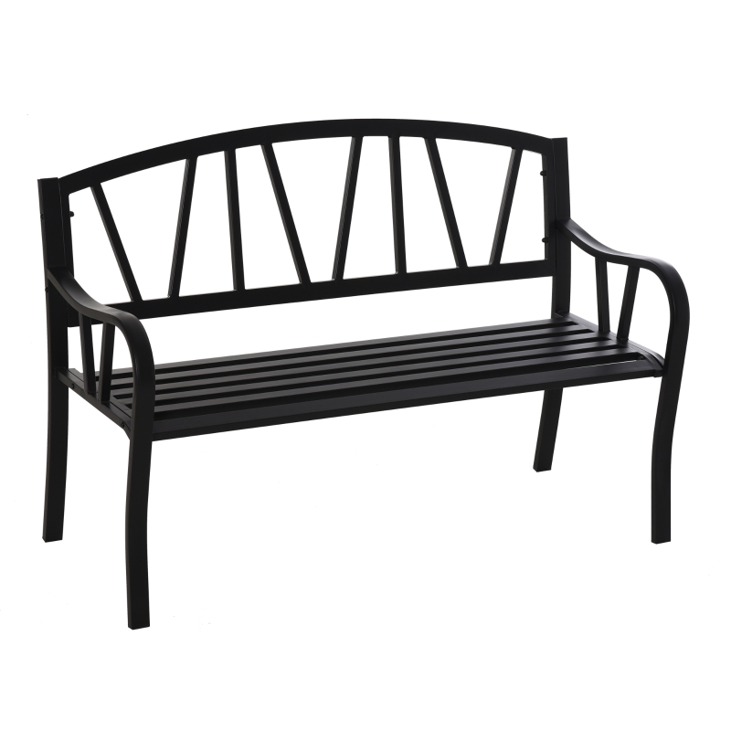 Outsunny Panchina da Giardino in Metallo Nero Impermeabile, Panca da Esterno in Ferro 2 Posti, 128x56x86cm