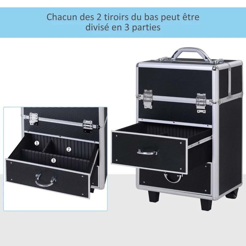HOMCOM Valise trolley maquillage mallette cosmétique vanity poignée télescopique réglable 36L x 23l x 58H cm alu noir