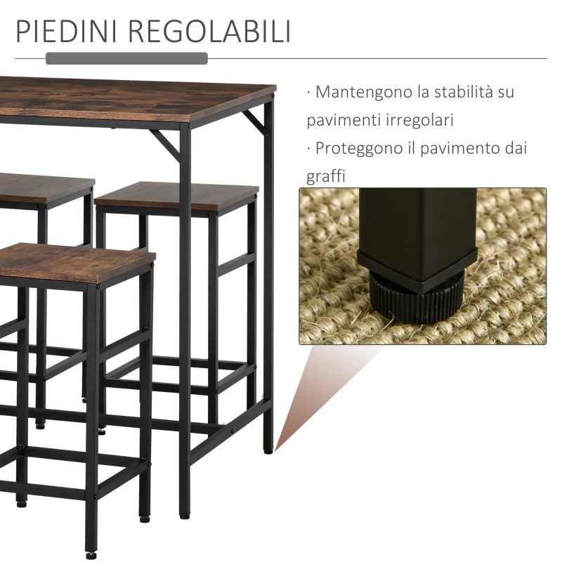 HOMCOM Set Tavolo Alto con 4 Sgabelli Stile Industriale in Metallo e Legno, Arredamento Moderno Soggiorno e Cucina, Marrone Rustico