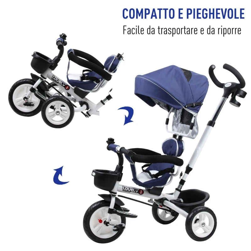 Homcom Triciclo Passeggino per Bambini con Maniglione Tetto Parapioggia Regolabile e Cestino, Blu