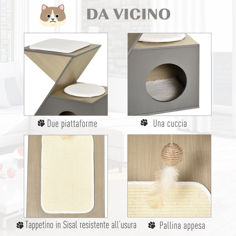 PawHut Cuccia per Gatti con Tiragraffi e Pallina in Corda Sisal, in Legno MDF, Grigia e Color Legno, 60 x 37 x 65cm