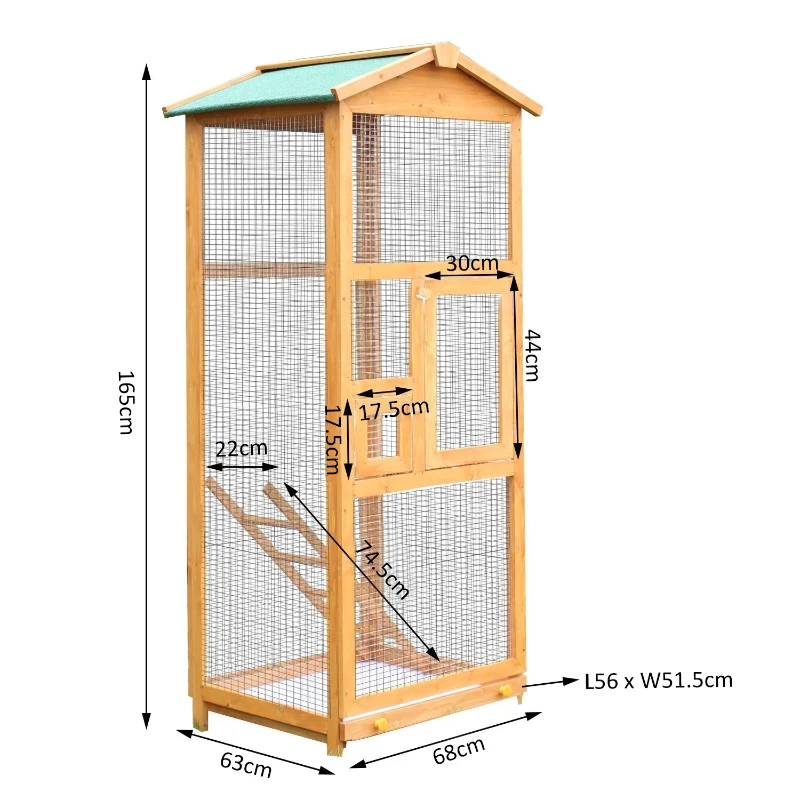 PawHut Gabbia per Uccellini da Esterno in Legno di Pino, Voliera con 2 Aperture e Scaletta, 68x63x165cm