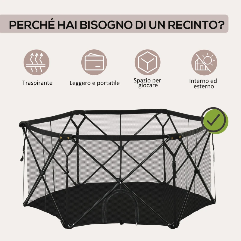 PawHut Recinto per Cani Pieghevole in Acciaio e Tessuto, Box per Animali Piccoli con Sacca di Trasporto, 148x134x67cm, Nero