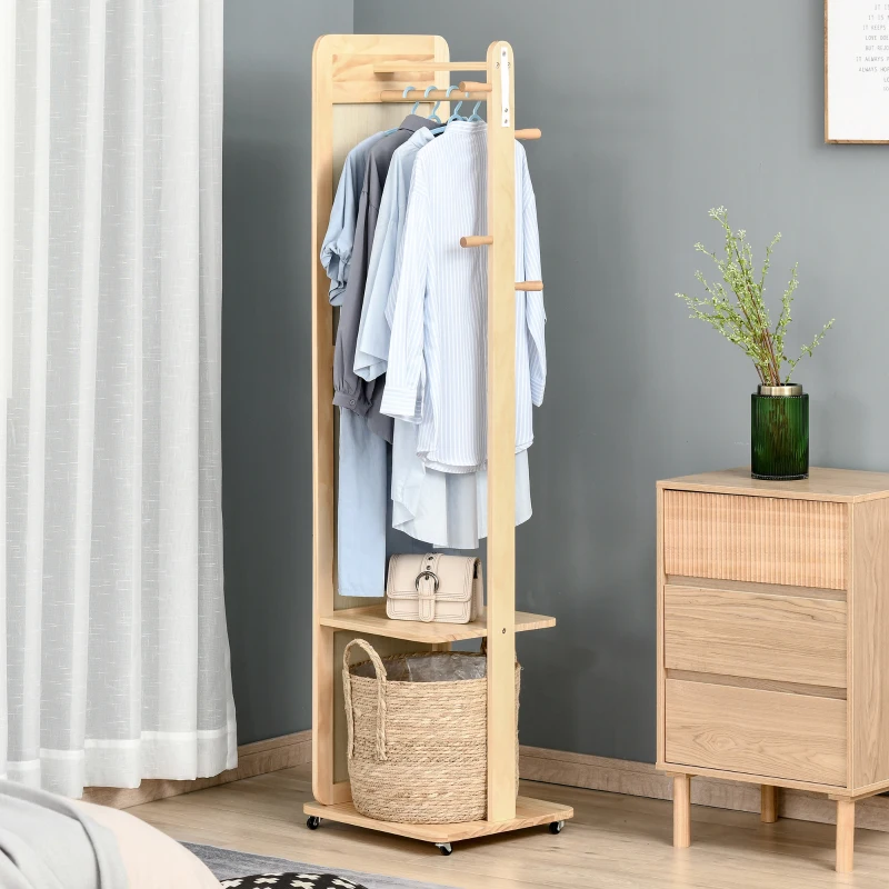 HOMCOM Miroir sur Pied avec roulettes - Portant, 4 patères étagère MDF Aspect Bois Clair