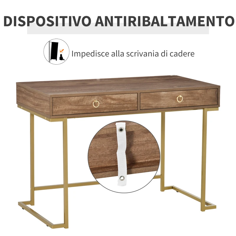 HOMCOM Tavolo Multiuso Scrivania Moderna e Toeletta con 2 Cassetti, in Metallo e MDF, 110x55x76cm Marrone e Oro