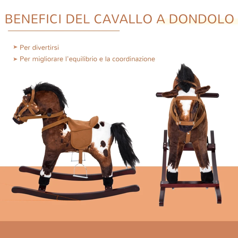 HOMCOM Cavallo a Dondolo Giocattolo Per Bambini con Effetti Sonori Legno 71×28×60cm Marrone Scuro