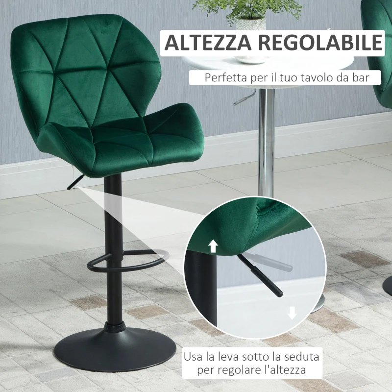 HOMCOM Set 2 Sgabelli da Bar, Altezza Regolabile con Base in Metallo e Seduta in Velluto, Sgabelli Moderni con Schienale e Poggiapiedi, 46x48x83-104cm, Verde