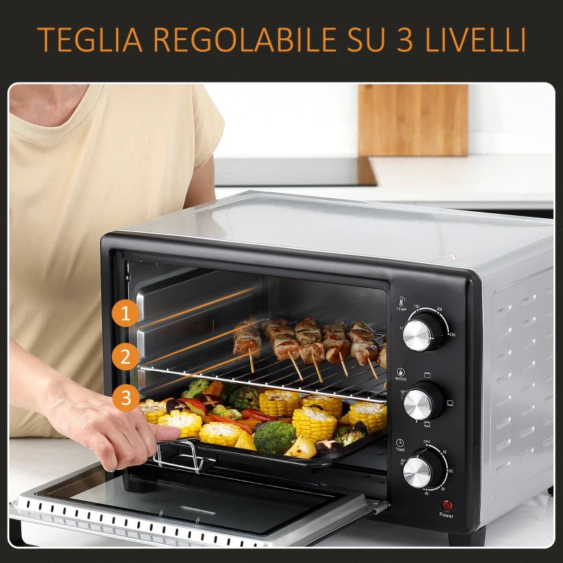 HOMCOM Fornetto Elettrico 28L Timer e Temperatura Regolabile, 3 Modalità di Cottura e Accessori, 1600W, 48.6x36.3x32cm, Argento Nero