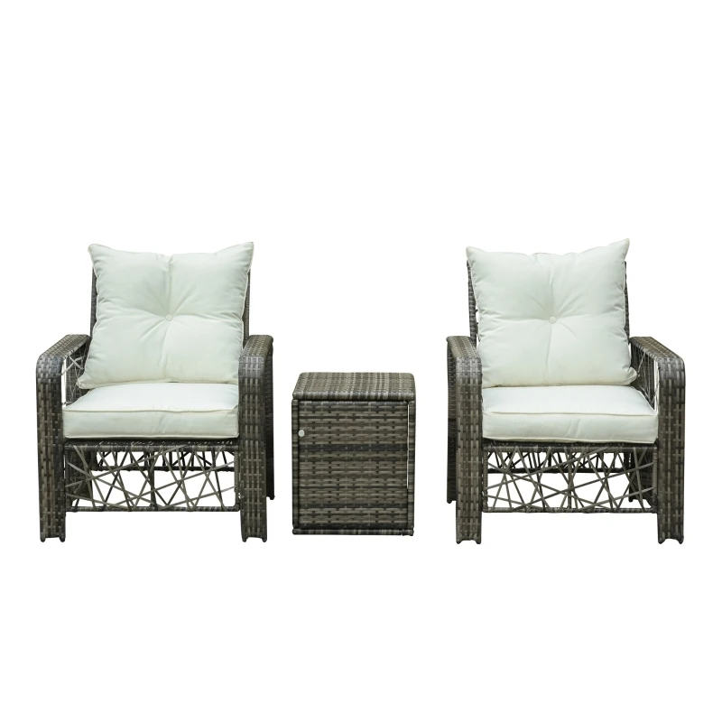 Outsunny Set 2 Poltrone da Giardino e Tavolino Contenitore in Rattan PE e Acciaio, Arredamento da Esterno Grigio e Beige