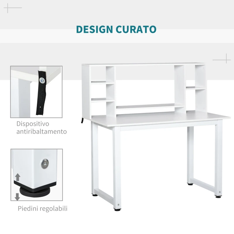 HOMCOM Scrivania Ufficio e Casa per Computer con Scaffale e Ampio Piano di Lavoro, Struttura Legno e Metallo 120x60x125cm, Bianco