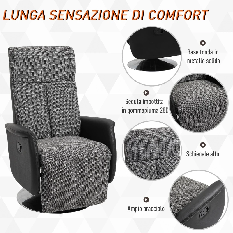 HOMCOM Poltrona Relax Manuale con Schienale Reclinabile 135°, Girevole 360°, Lino Grigio e Similpelle Nera, 71x81x111cm