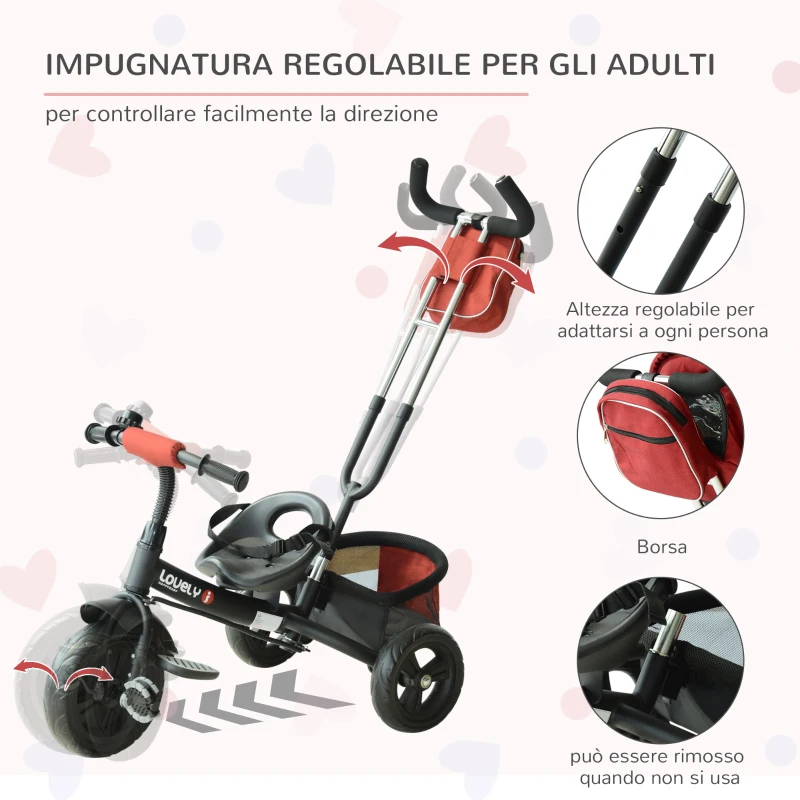 HOMCOM Triciclo per Bambini Multifunzione con Maniglione e Tettuccio, Barriera di Sicurezza e Cestino Portaoggetti, 102 x 49 x 102cm, Nero Rosso