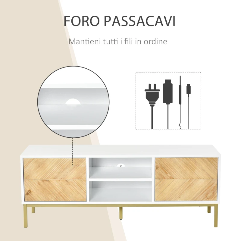 HOMCOM Mobile Porta TV Moderno con 2 Armadietti e Vano Centrale, Mobiletto Basso per TV fino 60'', Bianco e Color Legno, 120x40x44.6cm