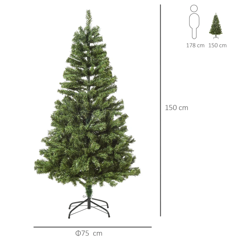 HOMCOM Albero di Natale Artificiale da 150cm con 490 Rami e 170 Luci a LED, Base Pieghevole e Rimovibile
