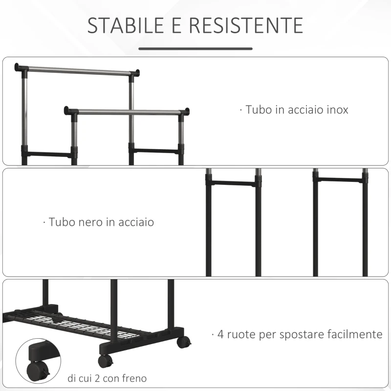 HOMCOM Appendiabiti Attaccapanni in Acciaio con Altezza Regolabile, Stand Porta Abiti, 4 Rotelle, 2 Binari e 1 Ripiano, Nero