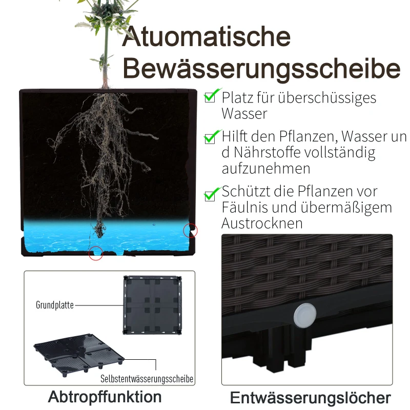 Outsunny verhoogd bed, 4-delige plantenbak met afwateringsgaten, plantenkasst in rotan-look, PP, bruin