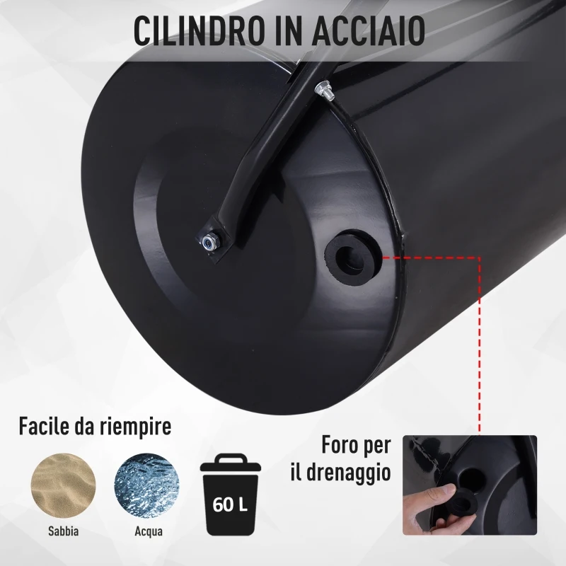 Outsunny Rullo da Giardino in Metallo Impermeabile Nero, Serbatoio Fino 60 Litri (Acqua o Sabbia), 57x40x123cm