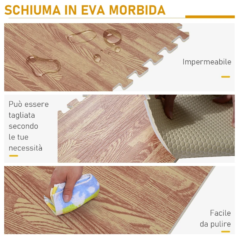 Homcom Tappeto Puzzle Antiscivolo Effetto Legno in EVA Set da 16 Pezzi da 60x60cm, Tappeto Fitness e Gioco
