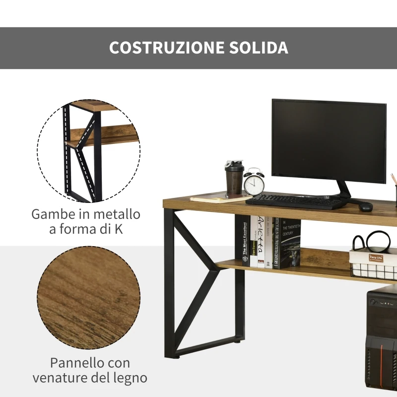 HOMCOM Scrivania Moderna Stile Industriale in Metallo e MDF, Mensola e Gambe a K per Camera e Ufficio, 140x60x76cm Nero Marrone