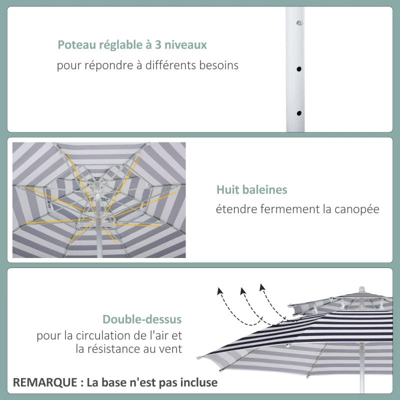 Outsunny Parasol droit octogonal double toit Ø 223 cm tissu polyester haute densité anti-UV hauteur réglable sac de transport inclus bleu blanc