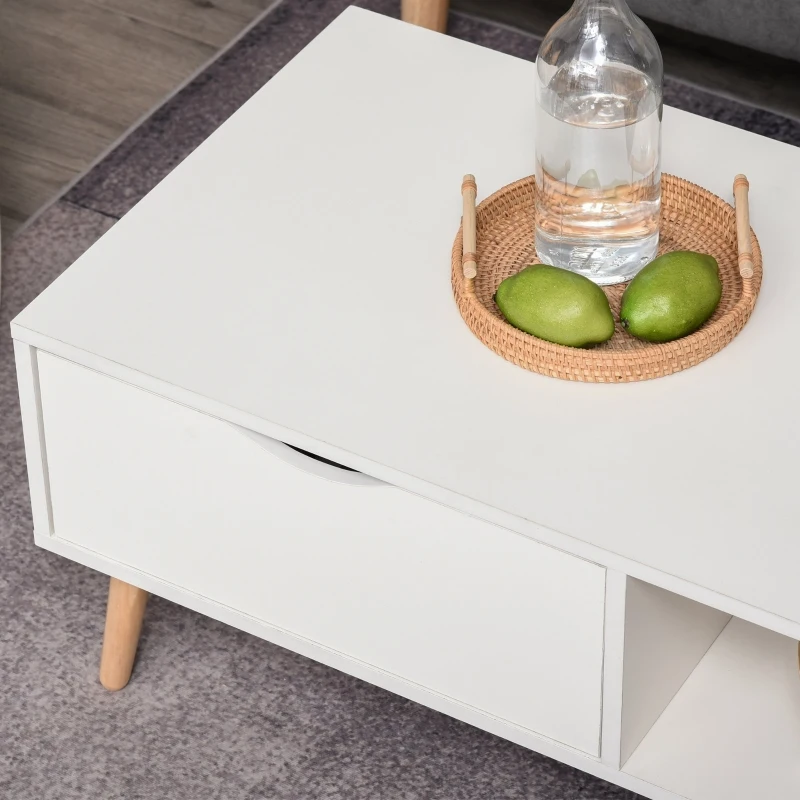 HOMCOM Tavolino da Salotto in Stile Nordico, Tavolino da Caffè in Legno Bianco per Soggiorno con Cassetti e Scaffali, 100x48x44cm