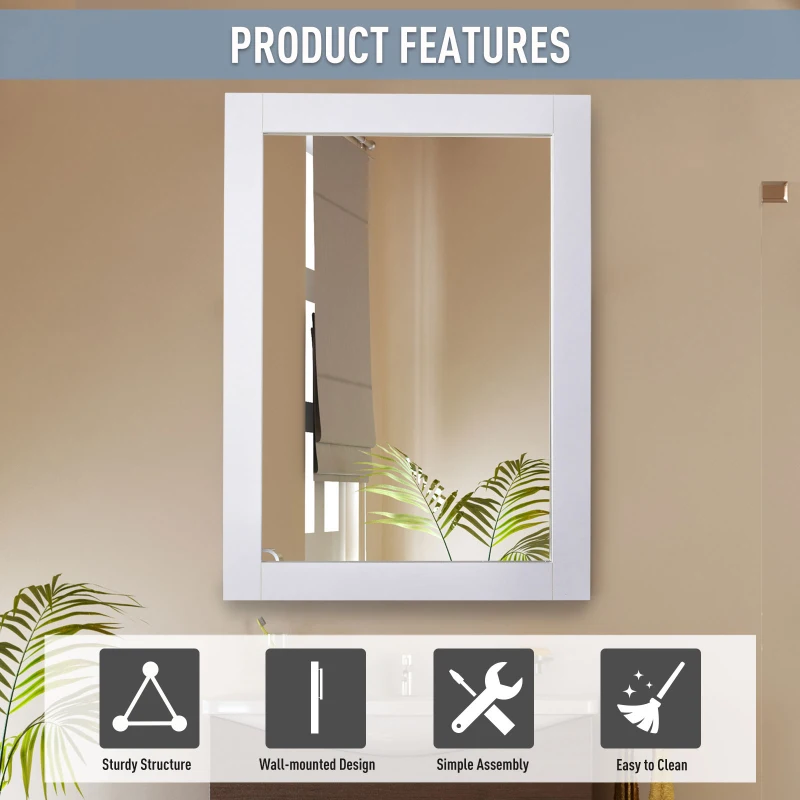 kleankin Specchio da Parete con Cornice in MDF e Vetro Argentato, Specchio Camera da Letto e Bagno, 52x1.9x72cm Bianco