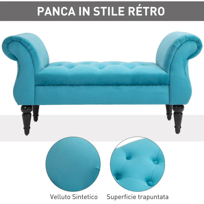 HOMCOM Panca Fondoletto in Stile Vintage, Struttura in Legno e Seduta Imbottita Stile Chesterfield, Azzurra 117 x 40 x 58cm