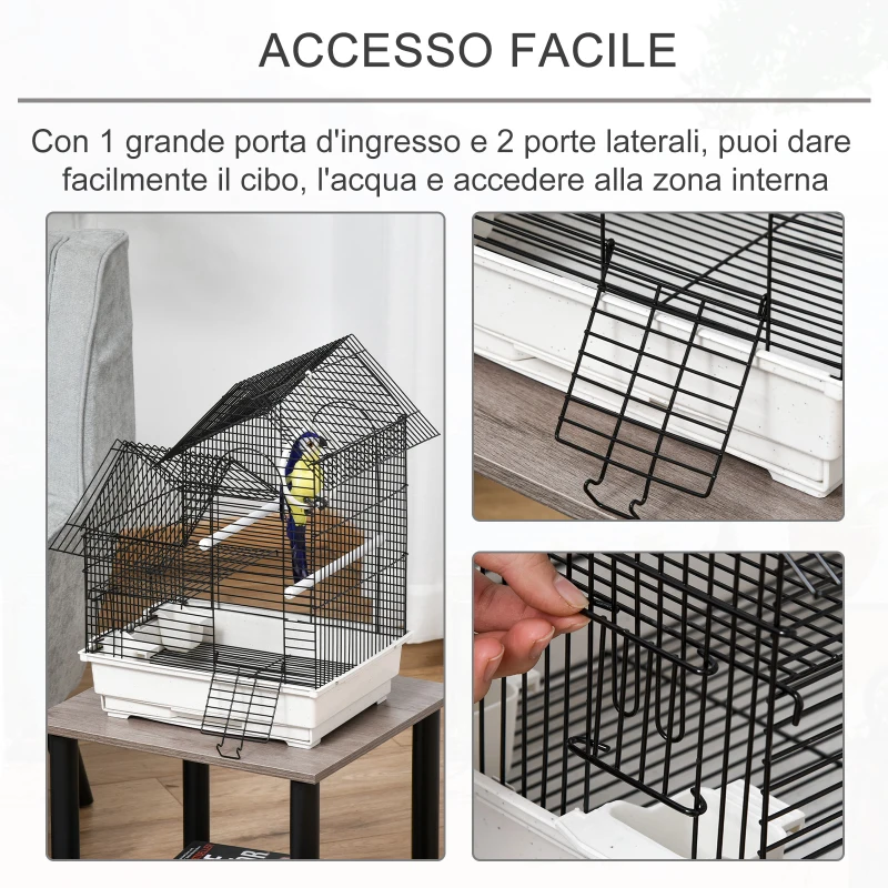 PawHut Gabbia per Uccelli in Metallo con Maniglia, Vassoio Estraibile, Pioli e Altalena in Plastica, 39x34x47cm