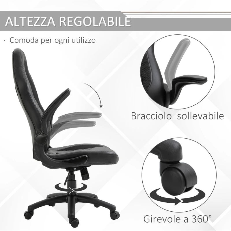 Vinsetto Poltrona Gaming o da Ufficio in Similpelle Nera, Braccioli Pieghevoli Schienale e Altezza Regolabile 117-127Acm
