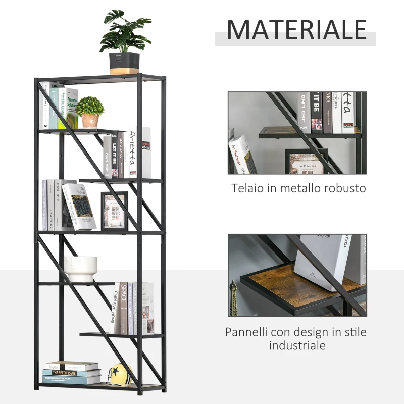 HOMCOM Libreria Moderna a Muro Stile Industriale, Scaffale con Design Asimmetrico a 6 Ripiani, 64x30x165cm, Marrone e Nero