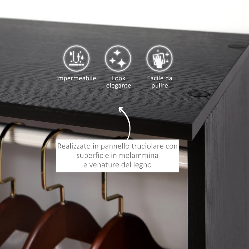 HOMCOM Armadio con 2 Guardaroba, 5 Ripiani e 6 Ruote, in Legno e Alluminio, 120x40x128 cm, Nero