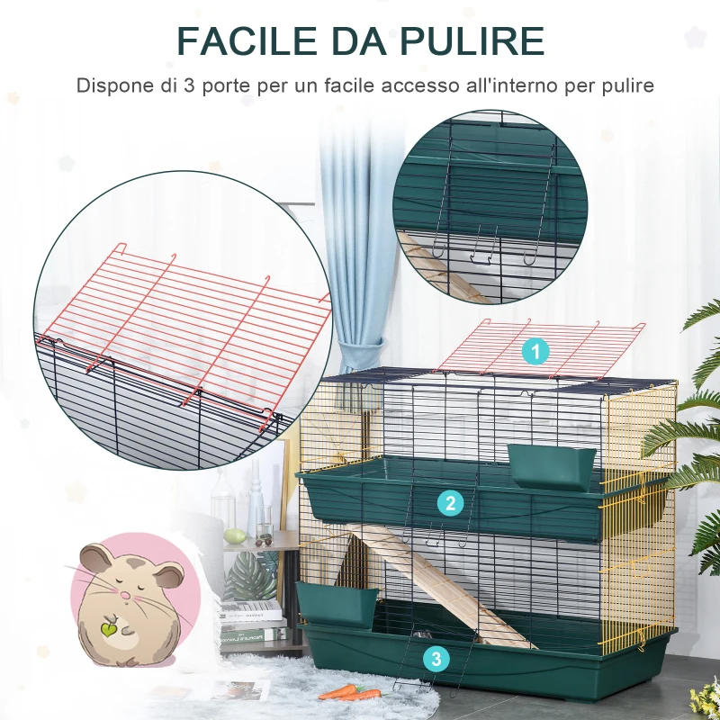 PawHut Gabbia per Conigli Porcellini d'India e Piccoli Animali a 2 Livelli con Rampa, 3 Porte e 2 Mangiatoie, 118x59x102cm