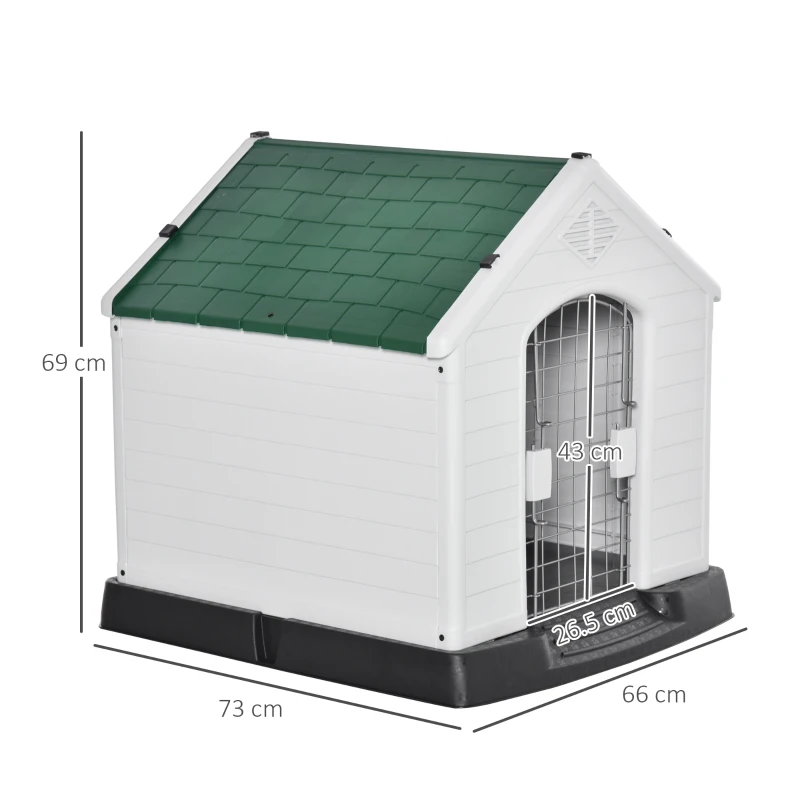 PawHut Cuccia per Cani Piccoli da Esterno e Interno, Casetta in Plastica con Cancello Rimovibile, 66x73x69cm, Bianco Verde Nero