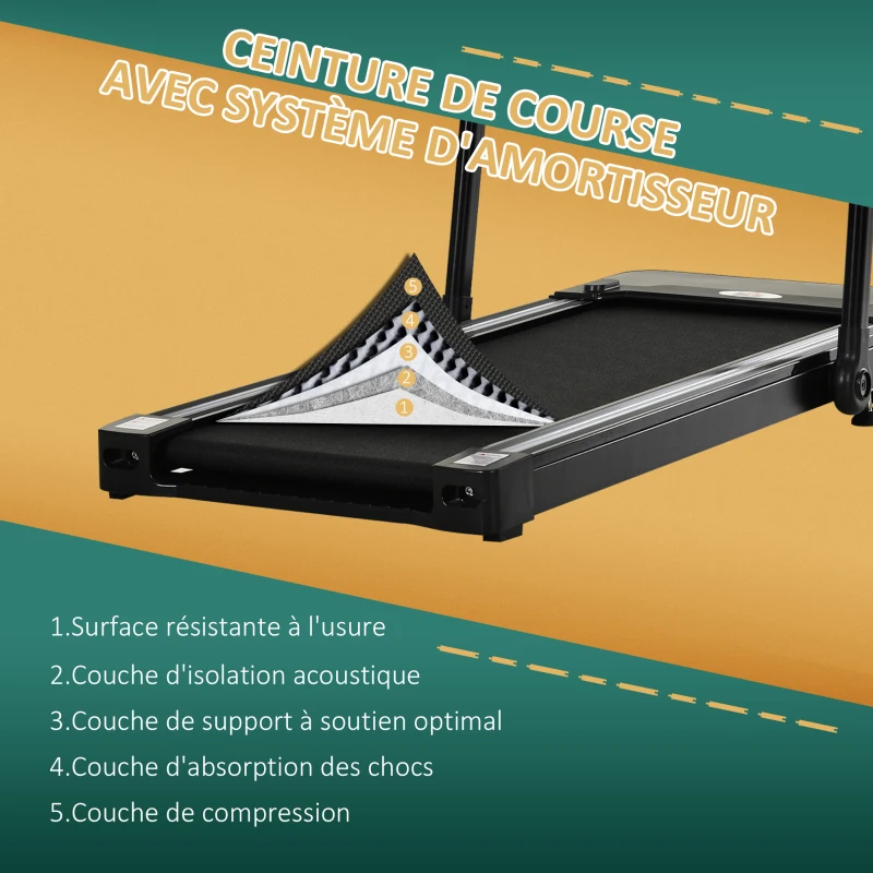 HOMCOM Tapis de course Fitness électrique pliable - 1 à 10 Km/h - écran LED multifonctions - puissance 600 W - acier noir